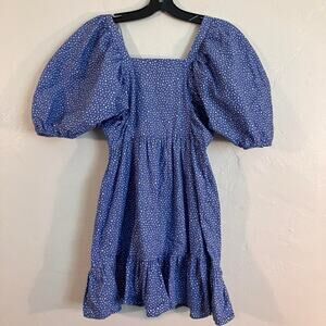GB Blue puff-sleeve dress square neckline white polka dot pattern‎ ruffled hem
